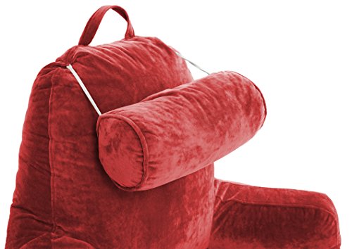 Husband Pillow Big Bedrest Reading & Support Bed Backrest w/Arms, Red - Premium Shredded Memory Foam with Detachable Neck Roll Pillow - Bed Rest Pillow Makes a Comfy & Therapeutic Cuddle Buddy