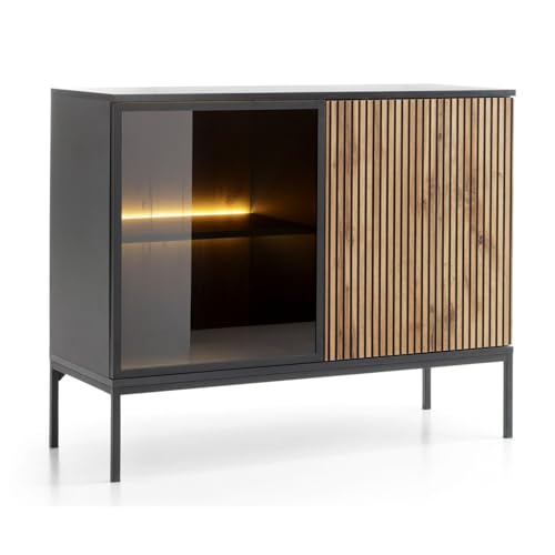 Selsey Tosena Sideboard, 104 x 39 x 83 cm, Modern Design in Black/Graphite/Wotan Oak, with Glass Front and 4 Compartments, Laminated Chipboard/MDF, Powder-Coated Steel, Lighting Possible