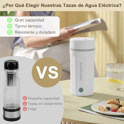 Hervidor Eléctrico de Viaje Portátil 500ML, Tetera Eléctrica de Viaje Caldera de Agua Caliente Personal Mini Taza, Hervidor de Agua Rápido Acero Inoxidable Apagado Automático para Hacer Té Café 110V