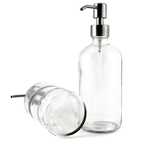 16oz Clear Glass Boston Round Bottles with Stainless Steel Pumps (2 pack), Great for Essential Oils, Lotions, Liquid Soaps