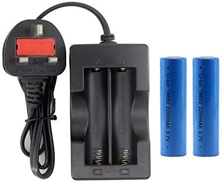 High Power 3.7V 18650 Batteries with Charger Kit, Universal UK Standard BS1363 Plug, 2 Pieces Batteries for Powerful LED Head Torches Headlamps Flashlights, Not for E-cigs