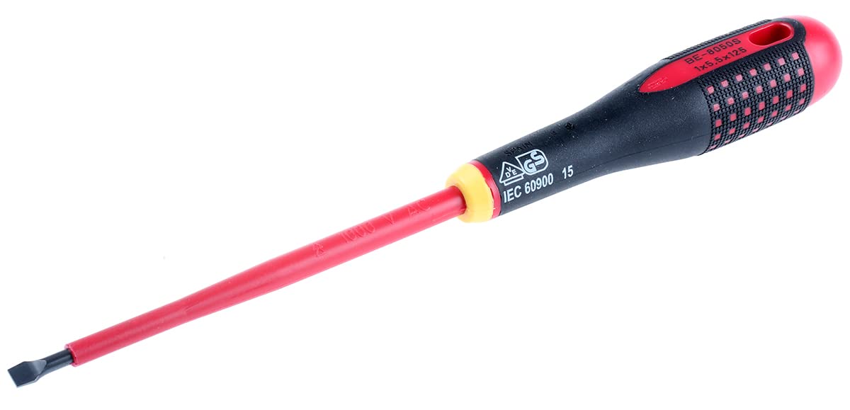 Bahco BE-8050S Alloy Steel 1000V Slotted Screwdriver, 125mm Blade, 1mm x 5.5mm Tip