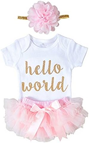Newborn Baby Girl Hello World 3 PCS Romper Jumpsuit + Shorts Pants Outfits (6-12 Months, Pink)