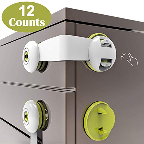 Cabinet Locks Child Safety, No Drill Child Proof Lock, Adhesive Baby Safety Latches Childproof Toddlers Proofing 12PCS for Drawer, Dresser, Fridge, Refrigerator, Freezer, Closet, Trash, Cupboard