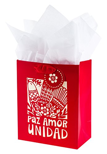 Hallmark VIDA Medium Christmas Gift Bag with Tissue Paper and Spanish lettering (Paz Amor Unidad)