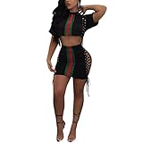 Metup Women 2 Piece Outfits Short Sleeve Crop Top Side Lace Up Mini Skirt Club Dress