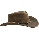 Walker and Hawkes Cowhide Antique Explorer Outback Hat - Wide Brim Waterproof UPF 50+ Leather Hat with Removable Chin Strap