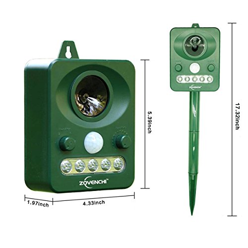 ZOVENCHI Solar Powered Ultrasonic Animal and Pests Repeller, Outdoor Weatherproof Repeller, Motion Activated with Flashing LED Light and Ultrasonic Sound (Harmless) to Repel Animal Away
