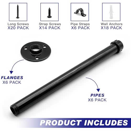 6 Pack Pipe Shelf Brackets 12 Inch, Industrial Iron Pipe Floating