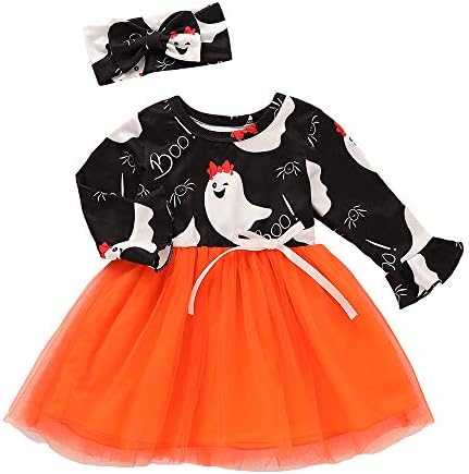 Baby Girls Devil Print Splice Floral Flower Girl Dress Tulle Tutu Birthday Party Halloween Dresses (18-24Months, Orange)