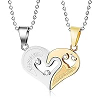 MMTTAO Stainless Steel Mens Womens Couple Pendant Necklace for His and Her 18K Gold Plated Puzzle Love Heart CZ Friendship Matching Set Charms Pendant for Men Women Gifts, I Love You, 2Pcs(Steel Gold)