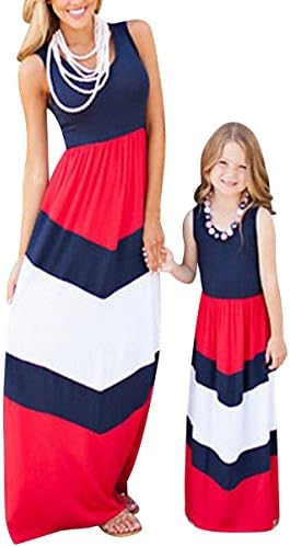 BYM Mommy Daughter Outfits Summer Sleeveless Striped Casual Print Tank Maxi Long Dress