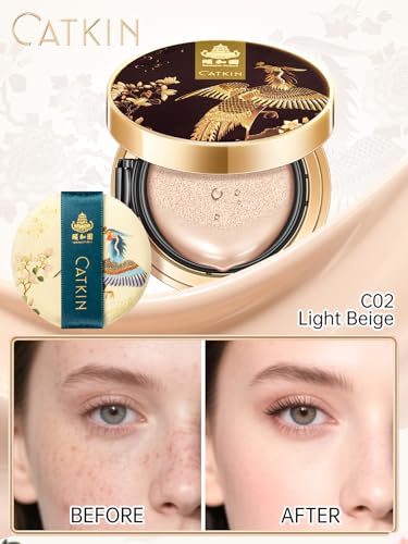 CATKIN Cushion Makeup Foundation, Lightweight and Durable Formula, Anti-Aging, Natural Effect, 7 in 1 Herbal Extracts, Transparent Satin Finish, Refills Included, 13g*2