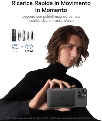 Picogo AM41 Power Bank, Ultra Slim 5000mAh Magsafe Powerbank, Ricarica Rapida PD 20W, Portatile, Magnetico Batteria Esterna Wireless con cavo USB C per iPhone 17/16/15/14/13/12, Nero