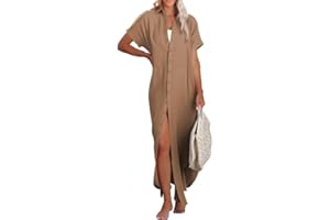 Dokotoo Womens Casual Short Sleeve Side Split Button Down Long Kimonos Cardigans Swimsuit Cover Ups Summer Beach Dress