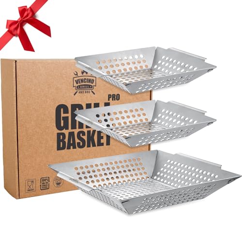 3 Pack Grill Baskets for Outdoor Grill, Heavy Duty Stainless Veggie Pan