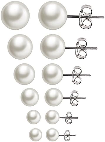Modebox Women's Faux Pearl Stud Earrings Stainless Steel Hypoallergenic Starter Set Ear Rings (6 Pairs)