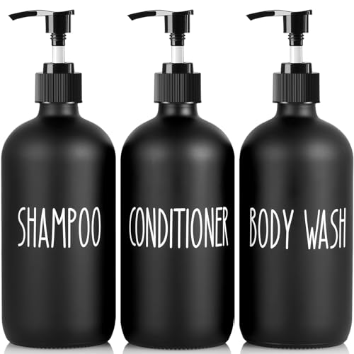 ALELION Glass Shampoo and Conditioner Dispenser Set of 3-16 oz Refillable Shampoo and Conditioner Bottles with Pump - Black Shower Soap Dispenser for Bathroom Decor and Accessories