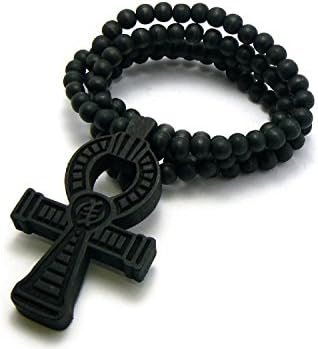 Nyame Ye Ohene Wood Ankh Pendant 36" Wooden Bead Chain Necklace - Black
