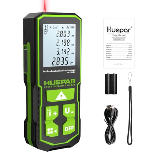 Huepar 120M Laser Distance Meter with Rechargeable Battery and Dual Angle Display, M/in/Ft Laser Meter with Mute Function and Multiple Measurement Modes, Pythagoras, Distance – S120