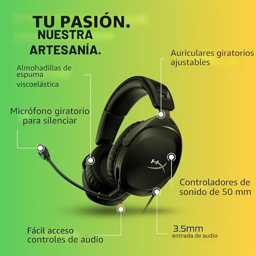 Cloud Stinger 2, Cascos gaming para PC, Drivers de 50 mm y Audio Envolvente, Giro 90º, 3.5 mm, Micrófono con cancelación de ruido - Negro