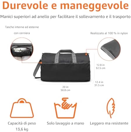 - Borsone Pieghevole in Nylon Lungo 50,8cm, Ideale per Viaggi o Riporre Oggetti, Tasche con zip, Capienza 13,6kg, Nero