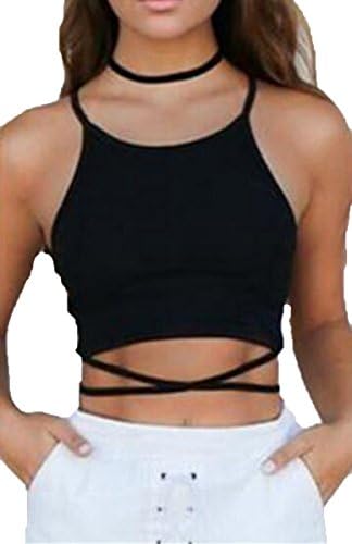 M2MO Women's Stylish Bandage Cross Solid Club Crop Tops Blouse Black US S