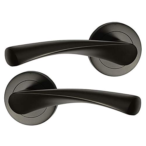 HANDLESTORE Twist Lever on Rose Door Handle Set – Matt Black Finish, Pair with Fixings & Spindle