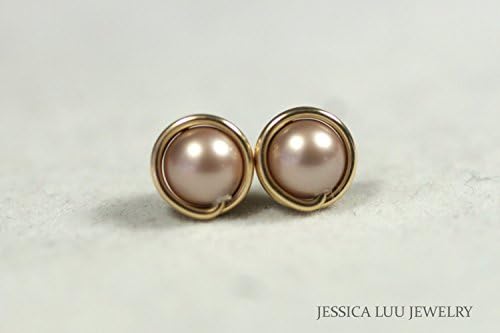 Gold Beige Pearl Stud Earrings Powder Almond Swarovski Pearl Earrings