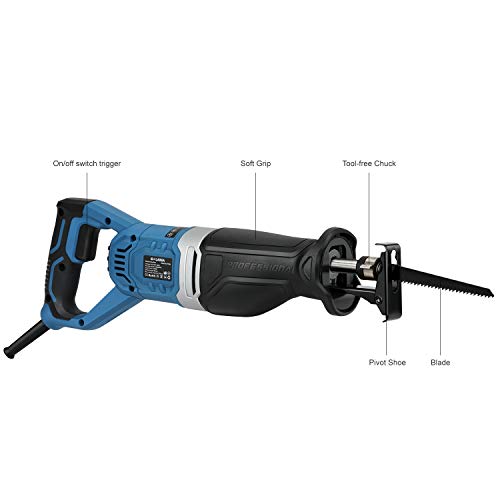 Reciprocating Saw, GALAXIA 9 Amps Professional Corded Sabre Saw with 4Pcs Blades 1-1/8"(28mm) Stroke Length, 0-2800SPM and 6" Max. cutting Depth in Wood and Metal Cutting