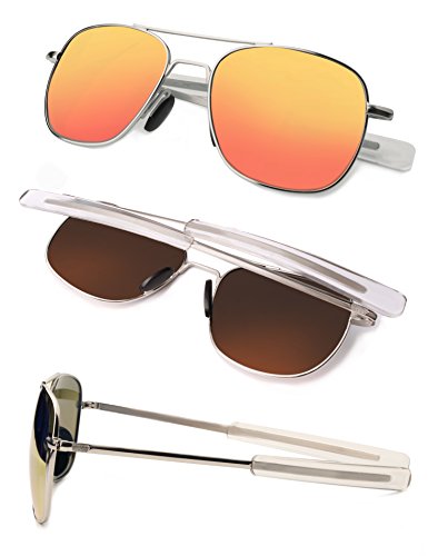 FAPIR Retro Polarized Aviator Sunglasses For Men UV Protection Mirrored Metal Military Pilot Glasses (Silver&Orange Red, 55)