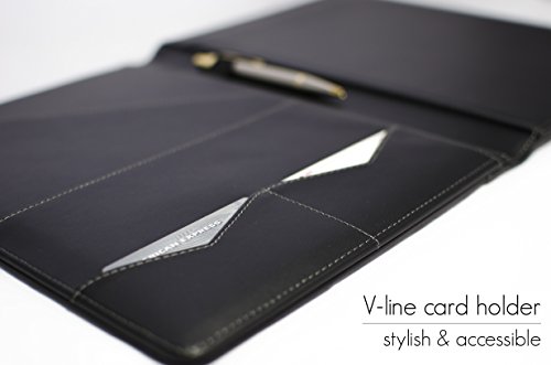 STYLIO Padfolio w/Premium Pen - Resume Portfolio Folder - Interview/Legal Document Organizer & Business Card Holder - with Letter-Sized Writing Pad - Handsome Piano Noir Faux Leather Matte Finish
