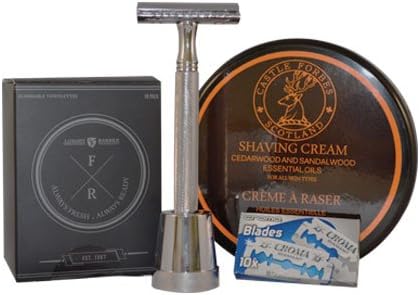Double Edged Klassiker Safety Razor, 10 Pack of German Made Croma Diamant Razor Blades, Castle Forbes Cedar &amp; Sandalwood Shave Cream, 10 Pack of Fresh Richie Flushable Body Wipes for Men - The Klassiker Kit by Luxury Barber