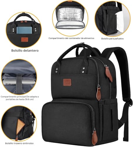MATEIN 15.6 Inch Laptop Picnic Backpack with Thermal Lunch Compartment, Women's Waterproof Work Backpack, Lunch Backpack for Office, Camping and Travel, Black