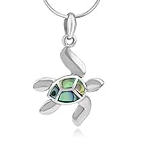 925 Sterling Silver Inlay Dangling Sea Turtle Pendant Necklace for Women, 18 Inches Chain