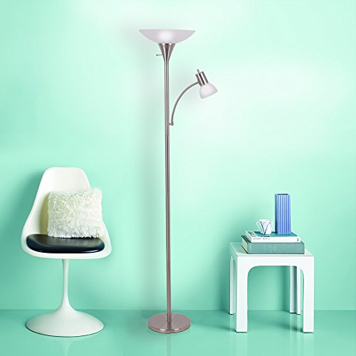 Catalina Lighting 17539-000 Traditional Metal Torchiere Floor Lamp with Reading Light and Frosted Glass Shade, Brushed Steel Classic