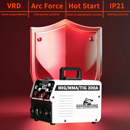 KEPOUREOMQ Soldadora Inversora Portátil de 300A, 3 en 1 Soldadora Inverter de MIG/MMA/TIG, Máquina de Soldar sin Gas, con Voltage Dual 110/220V, 60% Ciclo de Trabajo, Inversor IGBT, LED Pantalla, IP21