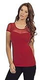 Women's Round Neck Sheer Polka Dot Mesh Inset Short Sleeve Slim Fit Fashion Top