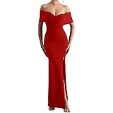 LAGSHIAN Women's Elegant Bodycon Off Shoulder Ruched Split Hem Long Formal Basic Evening Dress