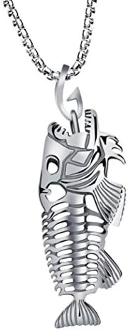 Becoler Fish Bone Fishing Hook Skeleton Stainless Steel Pendant Chain Necklace