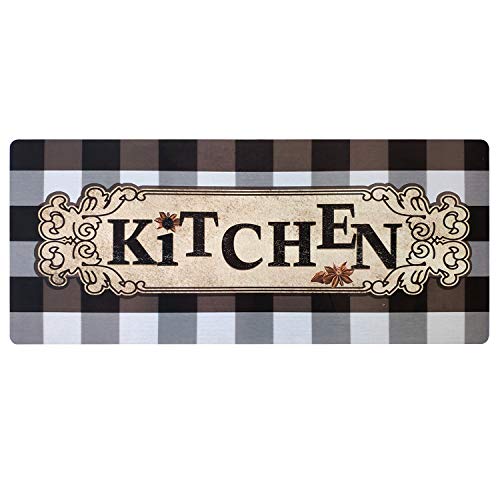 USTIDE Farmhouse Buffalo Plaid Kitchen Rug, Mocha/White Checkered