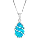 Beaux Bijoux 925 Sterling Silver Created Blue Opal Teardrop Pendant with 18" chain