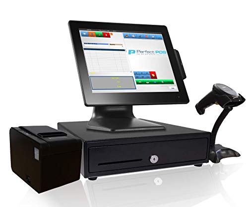 Retail Point of Sale System - Includes Touchscreen PC, POS Software (Retail POS), Receipt Printer, Barcode Scanner, Cash Register Drawer, and Credit Card Swipe Reader.