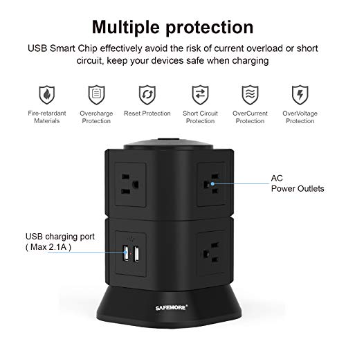 SAFEMORE Desktop Surge Protector Power Strip Tower, Smart 7-Outlet with 2-USB Outlet with 6.5ft/2M Long Extension Cord + 1M Power Cable Multiple Plug Outlet for Home & Office(Black)