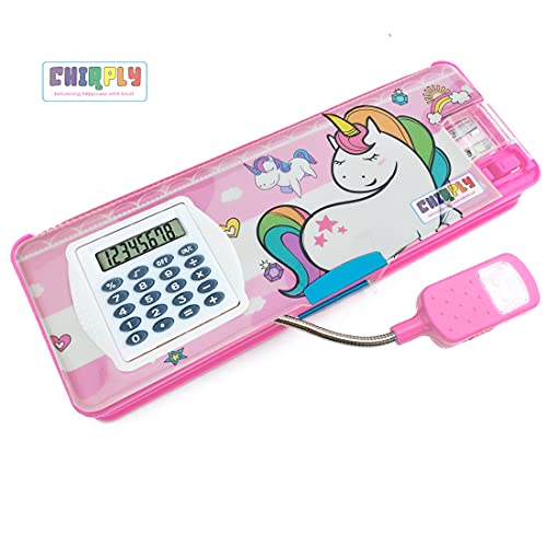 CHIRPLY Multipurpose Magnetic Pencil Box with LED Lamp Light & Real Reversible Calculator & 2 Side Case for Girls & Boys for School Big Size Birthday Gift Stylish Pen Case for Kids (Unicorn Pink)