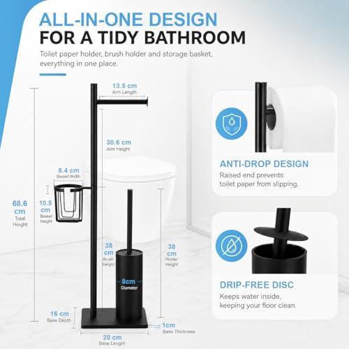DAZI Toilet Brush Set with Toilet Paper Holder and Storage Basket, Stainless Steel Toilet Brush Freestanding, 3 in 1 Floor Standing Toilet Paper Holder Minimalist Style Space Saving