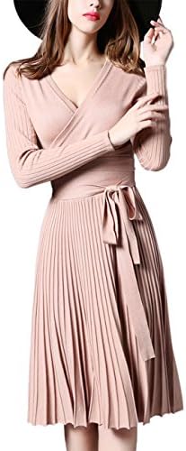Leadingstar Women's Sexy Deep V-neck Long Sleeve Waist Tie-wrap Ruched Swing Knit Dress Khaki Asia Size L