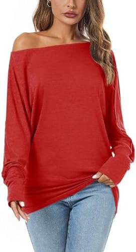 Poetsky Womens Casual Long Sleeve Boat Neck Tops Off The Shoulder Tee Shirt Lightweight Tunic Blouse Red S