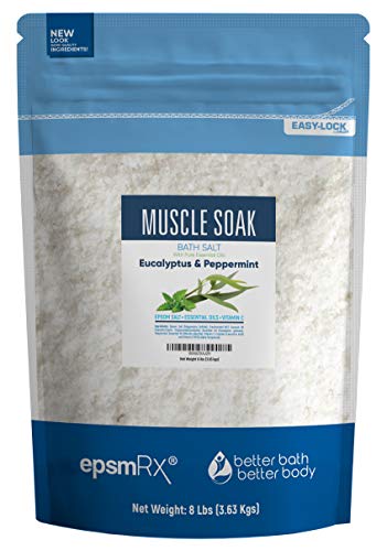 Muscle Soak Bath Salt 128 Ounces Epsom Salt with Peppermint and Eucalyptus Essential Oils Plus Vitamin C All Natural Ingredients in BPA Free Pouch with Easy Press-Lock Seal