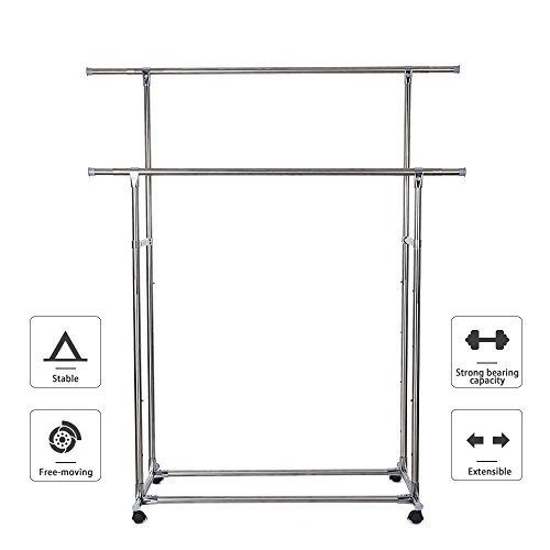 ATBAY Clothes Rack Double Rod Extendable All-Metal Heavy Duty Garment Rack with brake wheel - Thumbnail 7